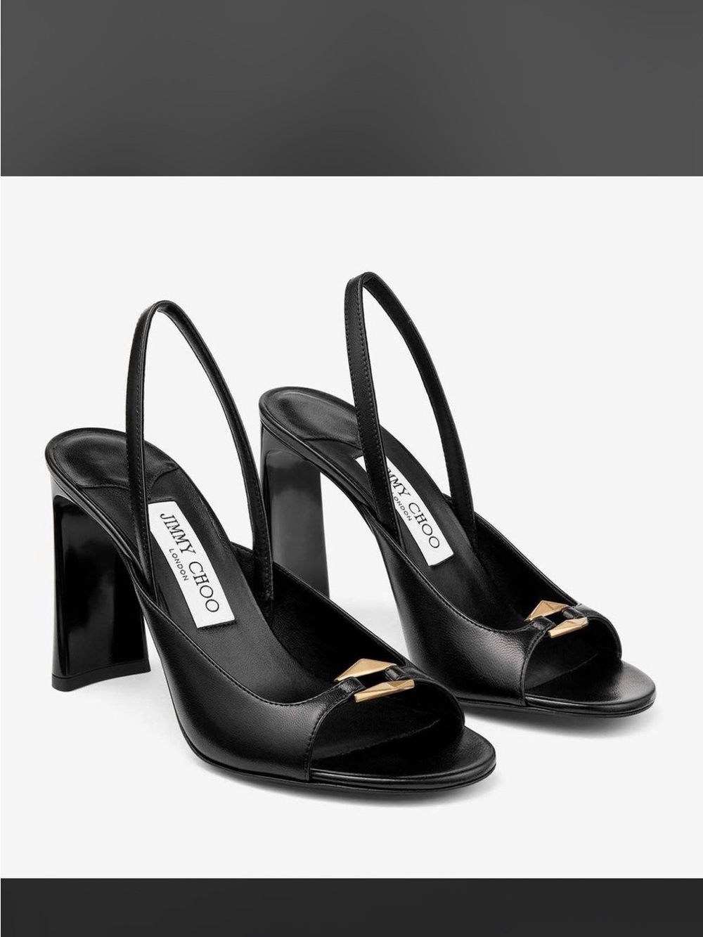 Jimmy Choo Black Leather Peep-Toe Slingback Block Heels with Gold Accent
